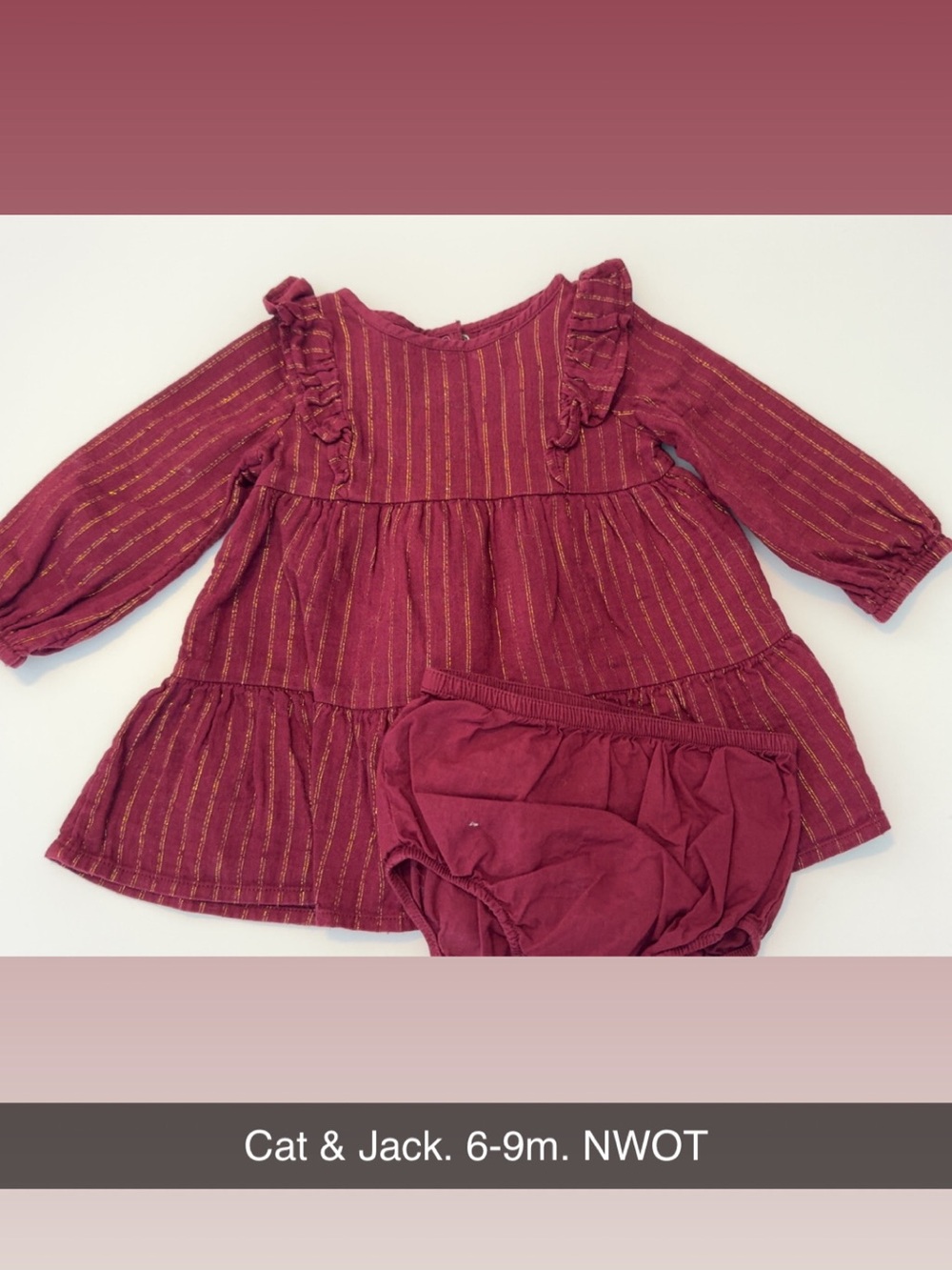 Cat & Jack Burgundy Dress with Gold Stripe Bloomer Set